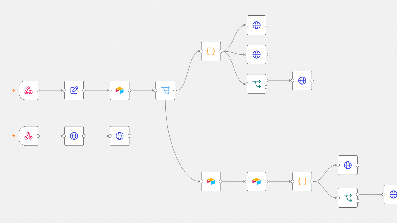 The n8n workflow for guide requests and website leads, with node names removed